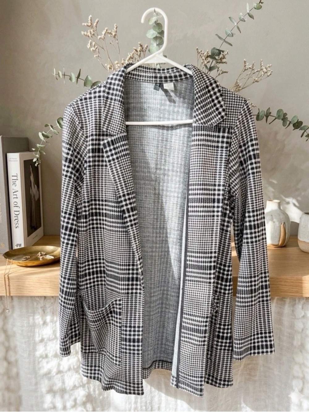 Divided Black and White Plaid Open-Front Oversized Blazer